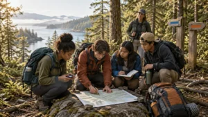 Four students in hiking gear crouch around a large map on a forest overlook above a coastal inlet while an adult instructor stands behind them near two colored trail-arrow signs.