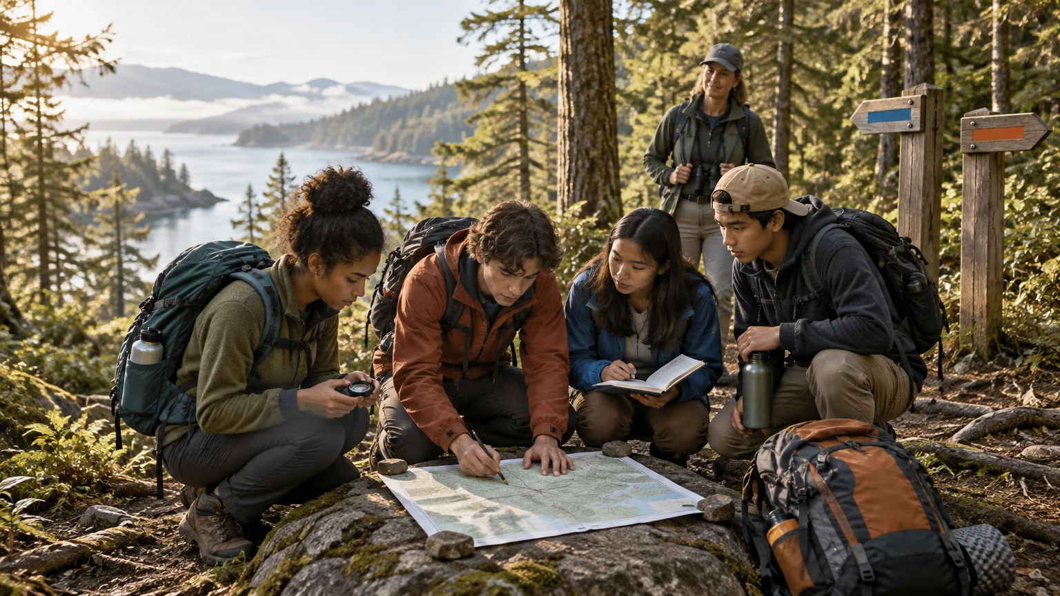 Four students in hiking gear crouch around a large map on a forest overlook above a coastal inlet while an adult instructor stands behind them near two colored trail-arrow signs.
