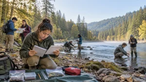 Students conduct field research beside a forested river, taking notes, consulting a map, sampling in shallow water, and arranging collected materials and a first-aid kit on a ground cloth.