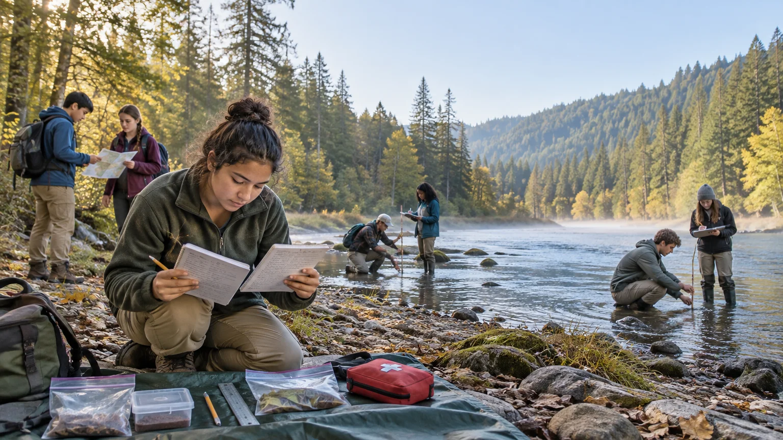 Students conduct field research beside a forested river, taking notes, consulting a map, sampling in shallow water, and arranging collected materials and a first-aid kit on a ground cloth.