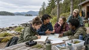 Four students discuss a map and field notes at a picnic table beside a forested lake, while an instructor stands nearby; backpacks, binoculars, water bottles, books, and a specimen container sit on the table.