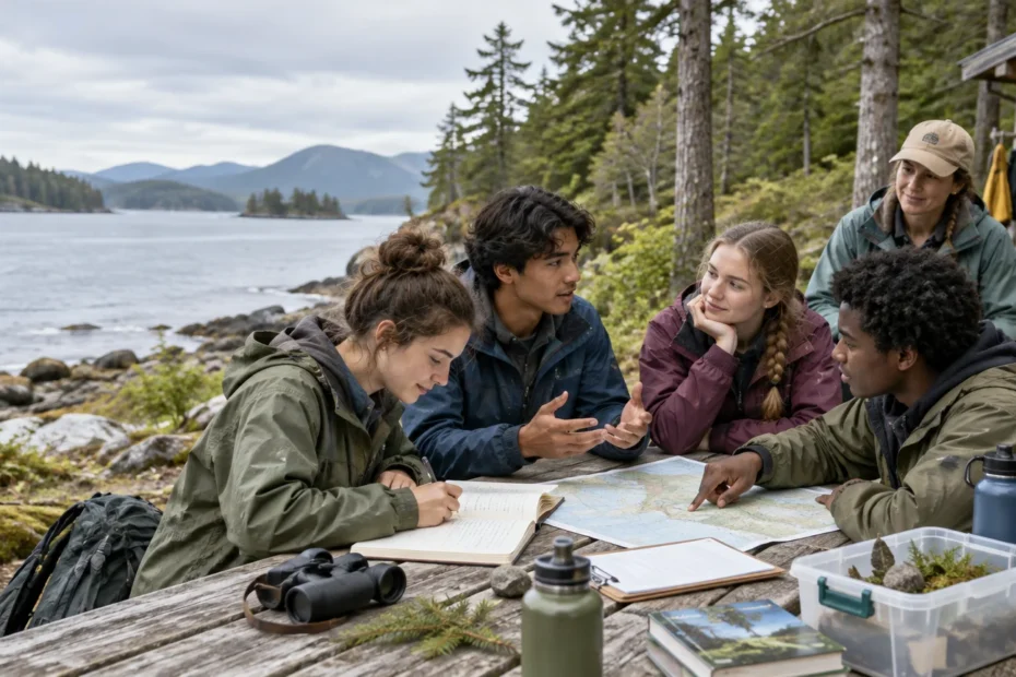 Four students discuss a map and field notes at a picnic table beside a forested lake, while an instructor stands nearby; backpacks, binoculars, water bottles, books, and a specimen container sit on the table.
