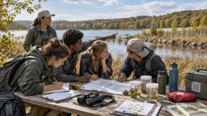 An educator and four students gather around a lakeside picnic table, studying maps and field notes with binoculars, water-sample jars, backpacks, and outdoor research gear in an autumn landscape.