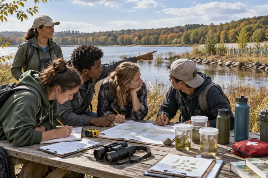An educator and four students gather around a lakeside picnic table, studying maps and field notes with binoculars, water-sample jars, backpacks, and outdoor research gear in an autumn landscape.