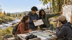 Four students conduct an outdoor field study beside a rocky stream, reviewing a sketchbook, map, plant samples, and notes at a wooden table while one points to a blank presentation board.
