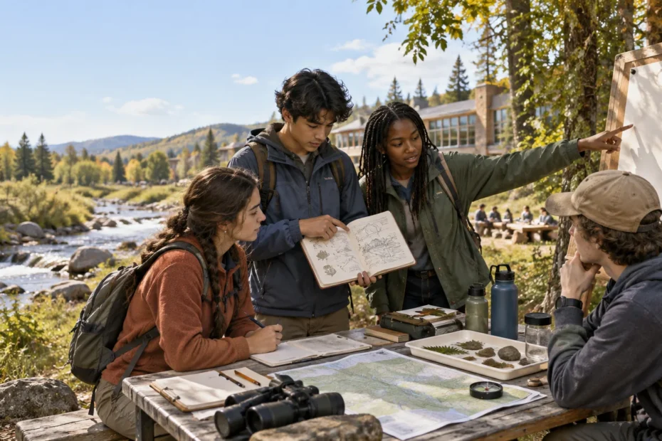 Four students conduct an outdoor field study beside a rocky stream, reviewing a sketchbook, map, plant samples, and notes at a wooden table while one points to a blank presentation board.