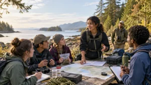 Students gather around a weathered outdoor table by a rocky forested shoreline as one student leads a discussion over a map, field notebooks, binoculars, sample jars, and hiking gear.