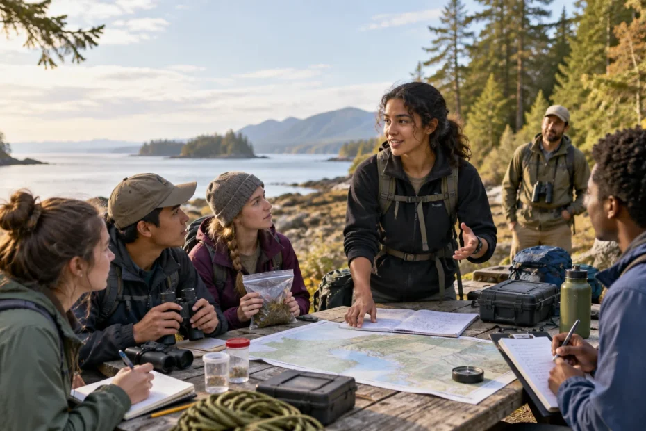 Students gather around a weathered outdoor table by a rocky forested shoreline as one student leads a discussion over a map, field notebooks, binoculars, sample jars, and hiking gear.