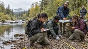 Five field-study participants work beside a rocky forest stream in autumn: two record notes on clipboards, one measures the ground with a tape measure, and another points to a map on a folding table.