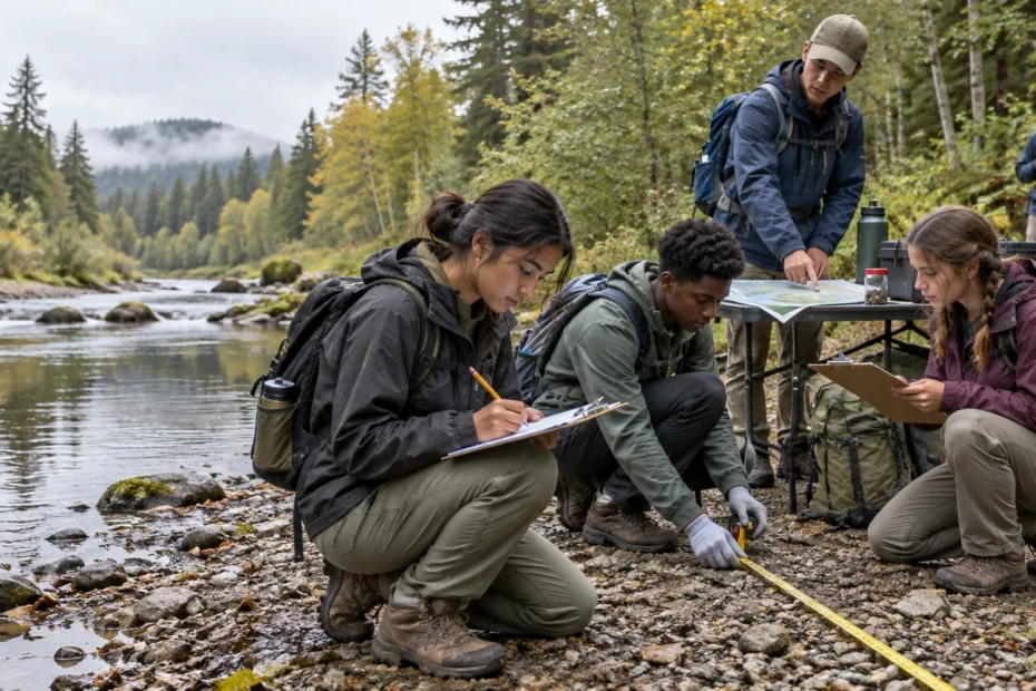 Five field-study participants work beside a rocky forest stream in autumn: two record notes on clipboards, one measures the ground with a tape measure, and another points to a map on a folding table.