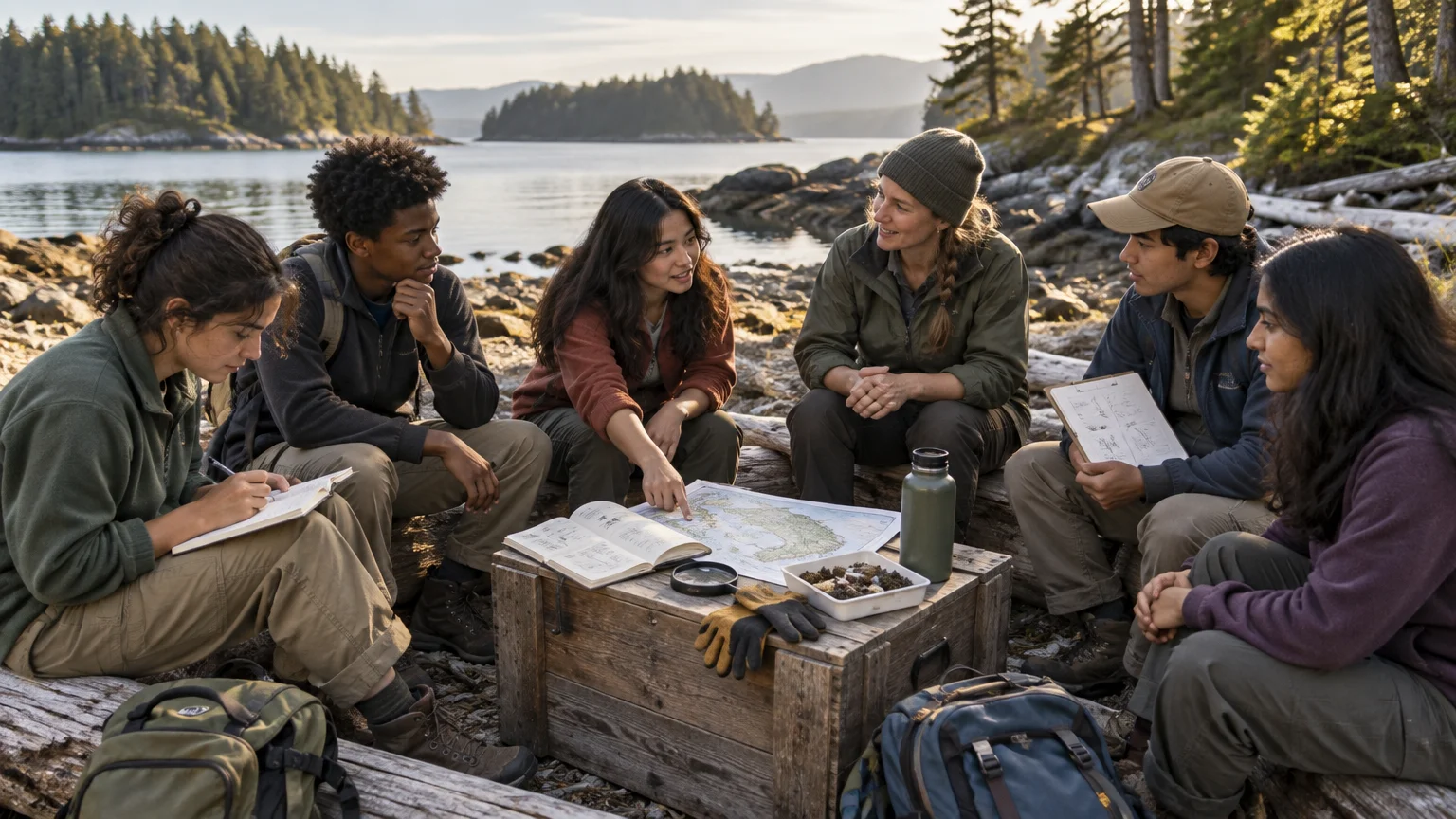 Six people sit in a circle on a rocky forest shoreline, discussing maps and field notebooks arranged on a wooden crate with gloves, a water bottle, and collected natural materials.