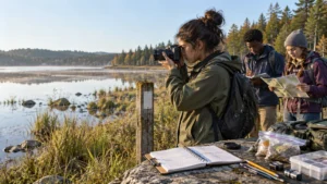 Students document a lakeshore field site: one photographs a marker while others take notes and consult a map beside labeled-looking sample bags and notebooks on a rock.