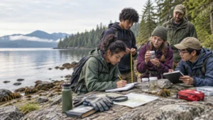 Five students and an adult instructor record observations and examine water samples on a rocky forested lakeshore, with notebooks, a map, measuring tape, bottles, gloves, and field gear spread nearby.