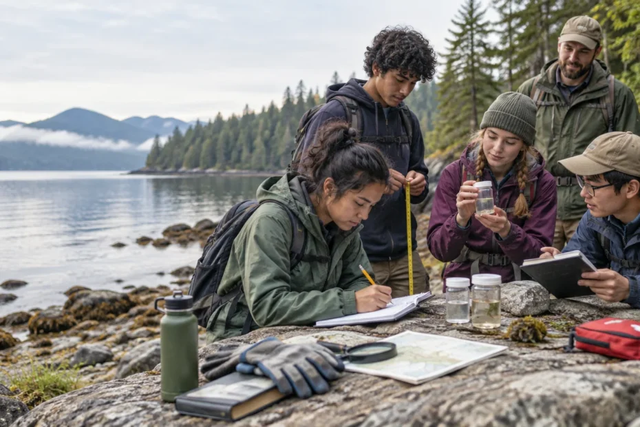 Five students and an adult instructor record observations and examine water samples on a rocky forested lakeshore, with notebooks, a map, measuring tape, bottles, gloves, and field gear spread nearby.