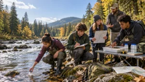 Four students and an adult instructor conduct a streamside field study in an autumn forest, collecting water, writing notes, examining a sample tray, and consulting maps beside a gear table.
