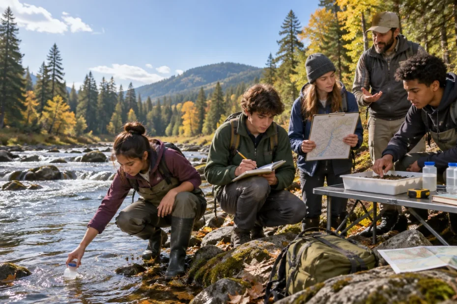 Four students and an adult instructor conduct a streamside field study in an autumn forest, collecting water, writing notes, examining a sample tray, and consulting maps beside a gear table.