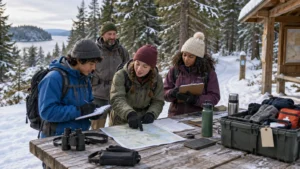 Four bundled-up people gather around a snow-dusted wooden table in a snowy evergreen forest, consulting a map and clipboards beside binoculars, water bottles, gloves, and a first-aid kit, with a lake visible behind them.