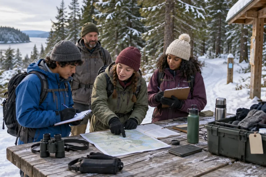 Four bundled-up people gather around a snow-dusted wooden table in a snowy evergreen forest, consulting a map and clipboards beside binoculars, water bottles, gloves, and a first-aid kit, with a lake visible behind them.